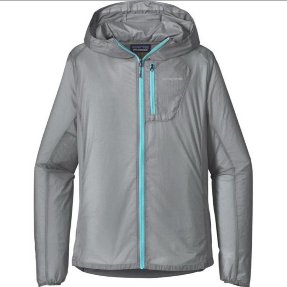 Patagonia Women's Light Gray Hooded Wind Shell with Teal Zippers